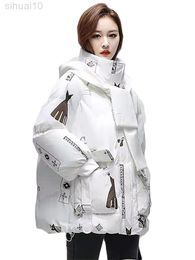 Hooded Down Cotton Jacket Women 2022 Winter New Mid-length Outer Wear Top Korean Version Niche Fashion Print Jacket L220730