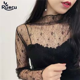 Ruoru Korean Clothing Full Sleeve Tshirt Harajuku Mesh Top See Through T Shirt Transparent Femme T-shirts Kawaii Clothes Female 220518