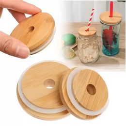 Bamboo Cap Lid Reusable Wooden Mason Jar Lids 70mm with Straw Hole and Silicone Seal Drinkware for Canning Drinking Jars