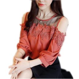 Women's Blouses & Shirts Sweet Chiffon Women Lace Mesh Summer Half Sleeve O-Neck Fashion Patchwork Sexy Off-Shoulder Q063Women's