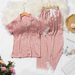 Lisacmvpnel Srping Crown Print Women Pyjamas Lace Sweet Short Sleeve Suit Pajamas Summer Satin Chiffon Soft Touch Sleepwear 220321