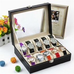 -Organizador de caixa de caixa de relógios PU com travesseiros de couro macio para homens caixas de jóias de mulheres exibem presente 10 slots 220726