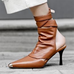 Women Fashion Design Pointed Toe Laceup Gladiator Boots Cutout Ropeup High Heel Ankle Boots Western Style Street Shoes 201102