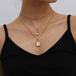 Multi Layer Lover Lock Pendant Necklace Heart Chain Necklace for Women Couple Jewellery Gift