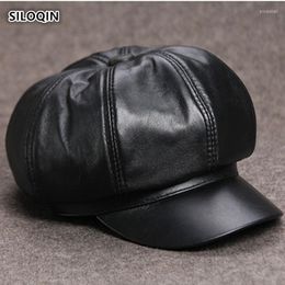 Berets Genuine Leather Hat Woman's Sheepskin Trend Sboy Autumn Fashion Artist Painter Snapback Octagonal CapBerets