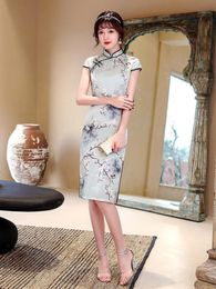 Woman Elegant High Split Dress Chinese Traditional Mandarin Collar Qipao Female Floral Bodycon Cheongsam Ethnic Clothing