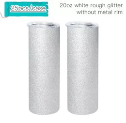 US warehouse 20oz Sublimation White Rough Glitter Tumbler Straight Blank Cups Without Metal Rim Protable Water Bottle With Lid & Straw B6