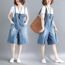 Women's Jumpsuits & Rompers Denim Straps Shorts Female Summer 2022 Retro Loose Plus Size Students Wild Wide Leg Jumpsuit Casual Overall Play