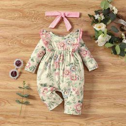 Spring Fall Baby Clothes Girl Sweet Baby Girl Rompers Cotton 2 Pcs Flower Print Ruffles Long Sleeve Baby Rompers+headband 0-18M G220510