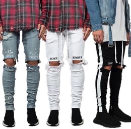 New Fashion Mens Jeans Cool Streetwear Black Holes White Striped Jeans Hip Hop Skateboard Pencil Pants
