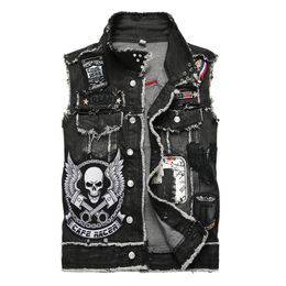 Mens Jackets Motorcycle Mens Biker Denim Vest Multi Rivet Badge Patch Design Punk Rock Waistcoat Skull Embroidery Sleeveless Jeans Jacket 2024