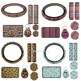 Party Gift 7pcs/set Leopard Sunflower Print Car Accessories Car Neoprene Steering Wheel Cover Coasters Keyring Holder Armrest Pad Covers and Seat Belt Pads