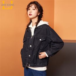 LEIJIJEANS new arrival Women s plus size 6XL long basic jacket Black and blue single women s loose women s black denim jacket LJ200813