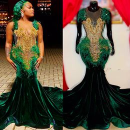 2022 Plus Size Arabic Aso Ebi Dark Green Mermaid Prom Dresses Velvet Beaded Crystals Evening Formal Party Second Reception Birthday Engagement Gowns Dress ZJ366