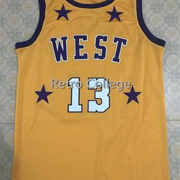 Sjzl98 #13 Wilt Chamberlain 1972 All Star West gelbe Basketball-Trikots, weiß, marineblau, Stickerei, genäht, personalisierbar, individueller Name in jeder Größe