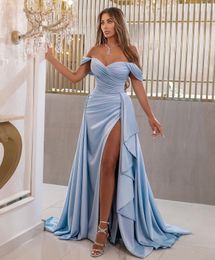 Elegant Sky Blue Split Prom Dresses With Detachable Train Off The Shoulder Ruched Formal Evening Gowns Photo Shoot Pageant Dress