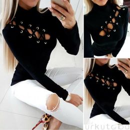 Women's T-Shirt Brand 2022 Womens Lace-Up Eyelet Hollow Out Long Sleeve Ladies Casual O-neck Solid Black Slim Fit Tops