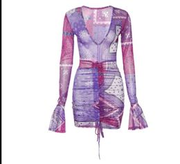 Print Neon Dress Women's V-neck Long Sleeve Fashion Clothing Casual Party Bodycon Mini Dress 2022 New