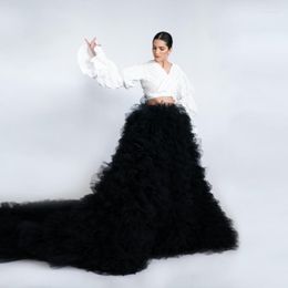 Jupes 2022 Elegant Black Ruffled Tulle Skirt Longueur Longueur Longs Femmes avec train Puffy Maxi Girls