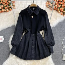 Casual Dresses Autumn Fashion Waist-skimming Thin Loose Hundred Temperament in the Long False Two Pieces Vest Lapel Denim Dress Summer