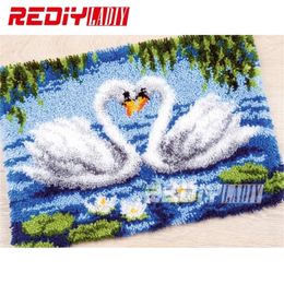 Hot Hook Rug Kits DIY Needlework Unfinished Crocheting Rug Yarn Cushion Mat Swan Lovers Embroidery Carpet Rug Home Decor T200331