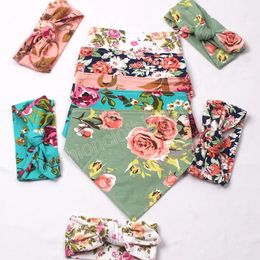 Baby INS printing bibs Headband sets infant Flowers Floral print Burp Cloths cotton slobber towel soft toddler Feeding bib for newborn