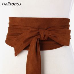 Helisopus Suede Belts for Women Corset Camel Autumn Winter Waist Belt Female Waistband Solid Bow Tie Wide 220712