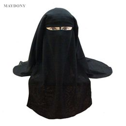 Muslim Bandana Scarf Islamic 3 Layers Niqab Burqa Bonnet Hijab Cap Veil Headwear Black Face Cover Abaya Style Wrap Head