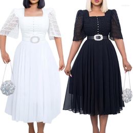 Casual Dresses Summer Black/White Women's Chiffon Lace Midi Dress Embroidered Flares Square Collar Mid-Calf Female With Belt Size