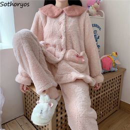 Pink Cute Coral Fleece Pyjama Sets Women Winter Bow Ins Princess dent Pocket Nightwear Ruffles Soft Nightwear Slouchy Lounge L220803