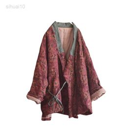 Cotton Linen Floral Parka Women Winter Thicken Kimono Jacket Chinese Style V Neck Baggy Outerwear Vintage Warm Padded Jackets L220725