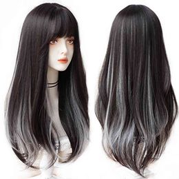 grey wig cosplay UK - Hoiuyan Female Long Steep Hair Wig Gradient Grey Synthetic Cosplay Lolita
