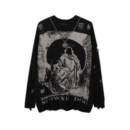 Send Necklace Ripped Oversize Sweaters Frayed Knitted Long Sleeve Top Harajuku Streetwear Pullovers Gothic Men Y2k Women Sweater 220817