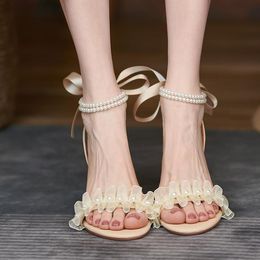 Sandals Women's 2022 High Heels Shoes Bow Summer Wear Word Belt Lady Pearl Transparent Straps Fairy StilettoSandals