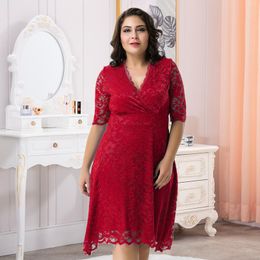 Plus Size Dresses Comeondear Vestido Casual Dress XXXL 5XL Knee-Length Lace Floral Midi Women Half Sleeve V-Neck Retro DressPlus