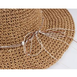 2022 Ladies Summer Beach Sun Hat Hand Crochet Straw Hat Outdoor Travel Shade Foldable Hat Solid Colour Retro Fisherman