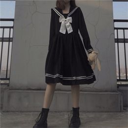 Japanese Lolita Kawaii Sweet Bowknot Robes Long-Sleeve Black Knee-Length Navy Preppy Party Women Summer Dress clothes dresses 220316