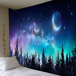 Galaxy Moon Carpet Wall Hanging Forest Tree Landscape Hippie Psychedelic Tapiz Starry Sky Dorm Home Decor Mandala Wall Carpet J220804