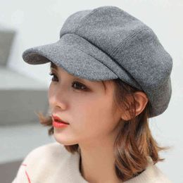 Auutmn Winter Wool Women Solid Plain Octagonal Newspaper Boys Hat Ladies Casual Berets Painter Hats J220722