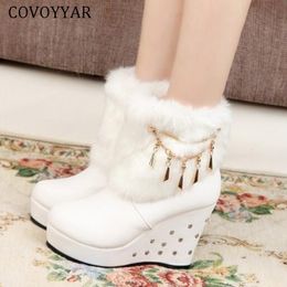 COVOYYAR Wedge Women Boots Beaded Winter Women Shoes Platform Warm Fur Shoes Woman Ankle White Snow Boots WBS4015 Y200915