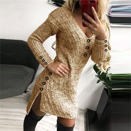 Spring Autumn Sexy Lady Deep V Neck Knitting Dress Women Elegant Solid Colour Slim Party Dress Female Long Sleeved Dress Vestidos 220317