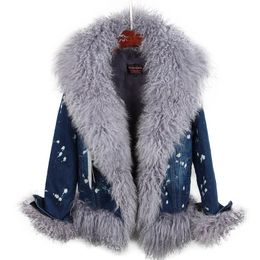 Women's Fur & Faux Short Denim Jacket Women 2022 Winter Parkas Real Mongolia Sheep Collar Cuffs Fashion Thick Warm Outerwear Street StyleWom