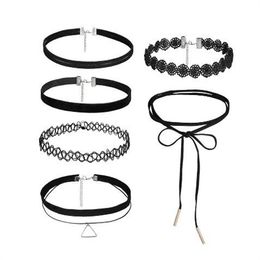 Chokers 6Pcs/set Gothic Tattoo Black Lace Leather Velvet Collier 90S Punk Style Choker Necklaces Women Collar Femme Chocker Jewellery GC1016