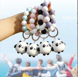 K68416 New cartoon cute panda bracelet keychain PVC silicone beaded wrist bear doll key ring