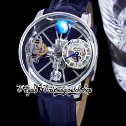 BZF Astronomia Tourbillon Swiss Quartz Mens Watch 316L Stainless Steel Case Sky Skeleton 3D Globe Dial (won't spin) Blue Leather Band Static version eternity Watches