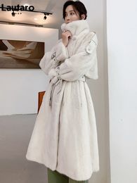 Lautaro Winter Long White Thick Warm Soft Fluffy Faux Mink Fur Trench Coat for Women Double Breasted British Style Fashion 2021 T220716