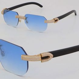 New Designer Micro-paved Diamond Set Rimless Metal Sunglasses Original Black Buffalo Horn Sun Glasses Outdoor Design Classical Model Glasses 18K Gold Frame Size:57