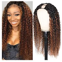 Curly U Part Wig Human Hair Wigs For Black Women Upgraded UPart Curly , 14 Inch 10A No leave Out glueless Highlights Colour 1b/30 150% Density DIVA2