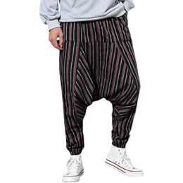 Men's Pants Men Striped 2022 Summer Drop Crotch Loose Vintage Boho Trousers Male Cotton Harem Hip Hop Streetwear Wide Leg