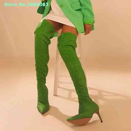 Studded Bling Stiletto Heel Boots Over the Knee Pointed Toe Back Zipper Solid Sexy Winter Autume Boots Shoes Party Dress 220514